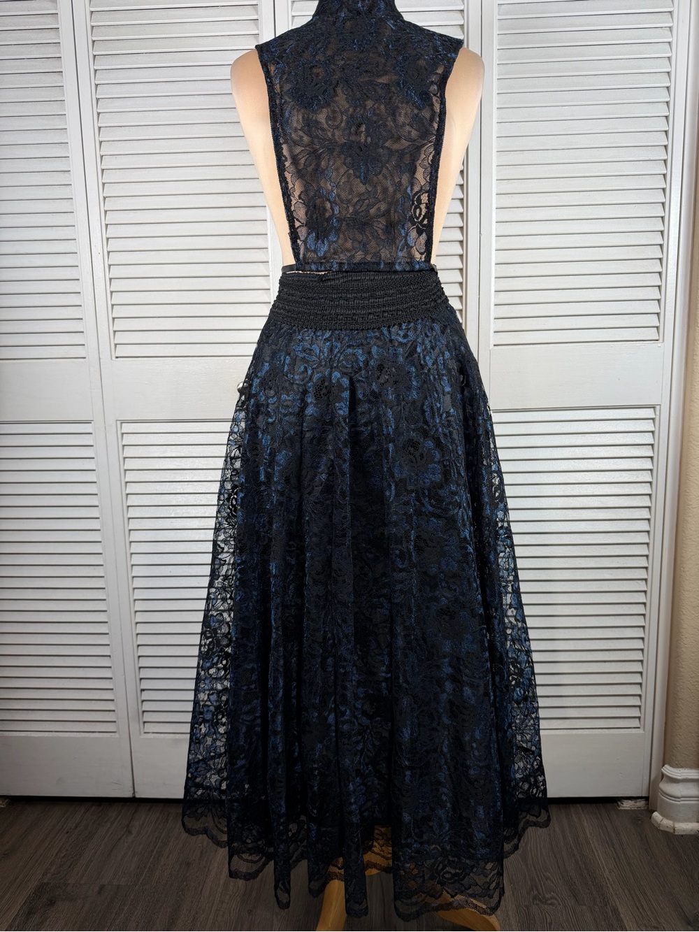 Vintage Lorrie Kabala Details Black Blue Lace 2 Piece Skirt Bib Top Set